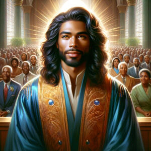 Illustrate an inspiring African-American Jesus crust with a dign...