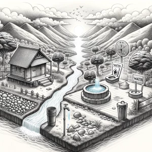 Using pencil to Draw and label a Clean and healthy village envir...