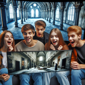 2 young guys and 2 young girls are looking at the screen. Which...