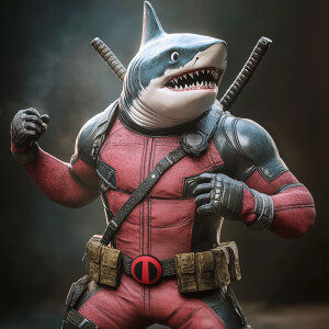 An anthropomorphic shark dressed in a fitted Deadpool costume,...