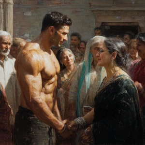 Hyperrealism,sharp painting. a muscular, sweaty criminal man  gr...