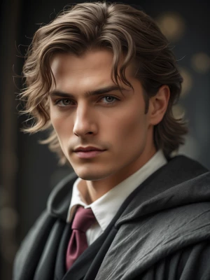 Create an image of an attractive male wizard exuding a mysteriou...