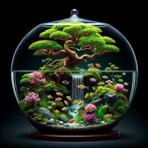 A terrarium with a flowering bonzai tree brightly colored fish a...