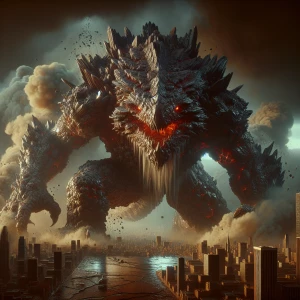 "Emerging from the depths, an enormous, menacing kaiju towers ov...