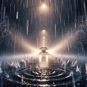 A stormy night blankets a narrow, glistening road. Heavy rain po...