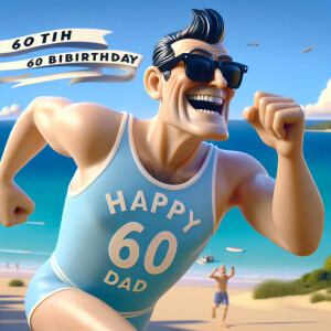Pixar 3d of an old man, black sunglasses, laughing, running on t...