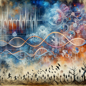 lie detector graphs, cardio, printout , branches infinity sign, cave, Art, handprints, distant birds flying, flowering vines, abstract gestural painting, dna cave drawings galaxies electrical cardiogram