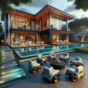 A luxurious modern house with a stylish backyard featuring a cir...