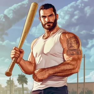 White muscular thin man with beard, big chin, smile and cheekbon...