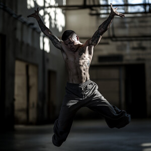 In a dimly lit prison yard, an inmate break dances with mesmeriz...