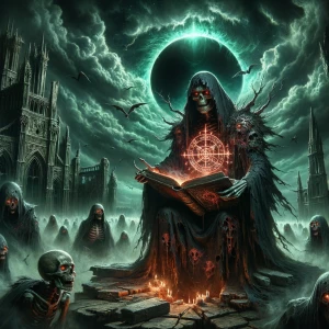 A sinister necromancer, wearing tattered black robes embroidered...