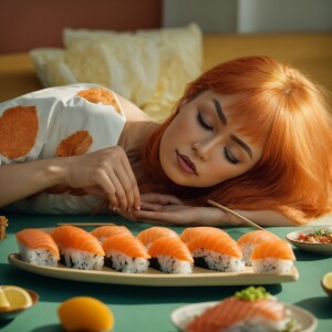 Photorealistic image. Light ginger haired female laying down