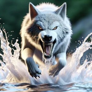 a magnificent white wolf  growling, it's mouth open and eyes loo...