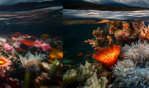 photography, underwater nature lens effect, split view, half sub...