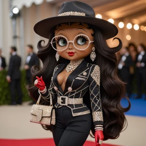 Betty Boop with dark chocolate brown skin, and long wavy hair is...