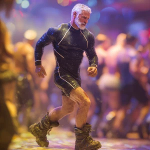 Create an image of a muscular man with short faded gray hair and...