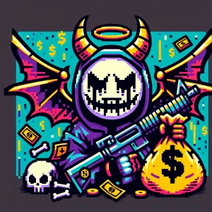 Design a cartoon-style circular logo featuring a cheeky demon we...