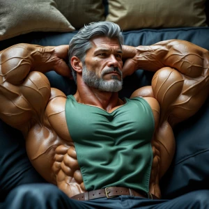 Create an image of a muscular, mature bodybuilder with gray hair...