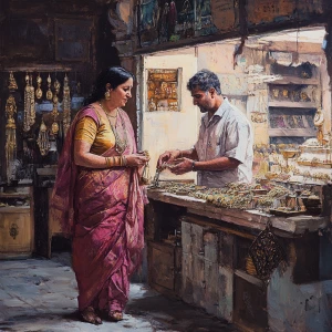 Realism art .A man walking witth his 58 years old rajasthani m...