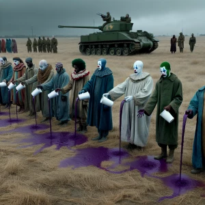 "In a somber, desolate field, a line of sad clowns stands forlor...