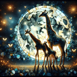 Two adult giraffes and one baby giraffe standing in front of a f...