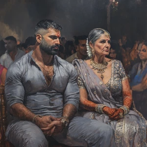 Realism sharp detailed painting,a muscular beefy sweaty man sitt...