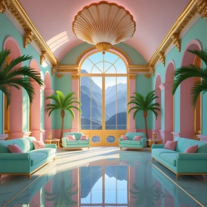 A hyperrealistic palace corridor bathed in sunlight, with pastel...