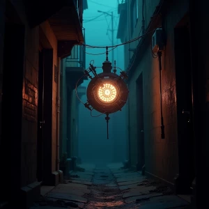 In the dimly lit alley, a neon-noir cimmerian time portal pulses...