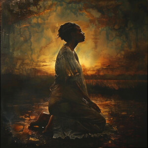 Visual: A weary negro woman kneeling in prayer at dawn, her face...