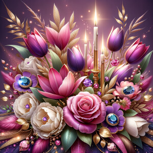 Create a vibrant digital artwork depicting a lush bouquet of sty...