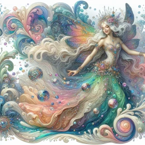 In a dazzling array of colors, a whimsical nymph dances among sw...