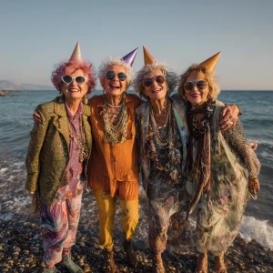 A group of stylish, middle-aged aunties, with radiant, sun-kisse...