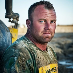 Brian Nobles a real 39 year old Caucasian male who is using  a concrete mixer, he is a  pump operator holding the hose which carries the liquid concrete to the foundation pour, Brian is slowly  beginning his transition into middle age, Brian Nobles is beginning to look like a older middle aged man, he has large reflective blue eyes and a wrinkled brow,Brian has a beard greying balding , prominent large protruding round fat obese belly,,thick greying goatee beard,decreased muscle mass ,very noticeable male pattern balding hairline, Brian Nobles now has a  prominent receding and thinning male hairline (onset male pattern baldness), slightly fat overweight(Caucasian)wearing tight body conforming  glossy satin shiny green and gold tight fitting body conforming UnderArmour athletic bodysuit,emblazoned with the "KD HOMES" real estate logo, standing confidently in front of a newly completed constructed new KD HOME in Victorville California in a raw desert landscape. Brian has a protruding fat obese muscular physique, large male bulge, fat obese muscular frame , shows a substantial frame with a noticeable mature hairline and expressive eyes. His workman’s  pose should reflect his experience in his trade.