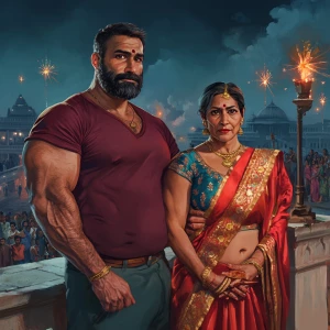 realism art style,a muscular beefy sweaty man celebrating diwali...