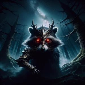 Generate an image of a menacing, demonic racoon with glowing eye...