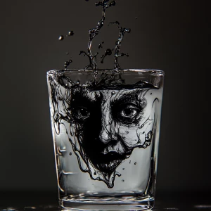 Macro photography. Black ink is dropped into a clear glass of wa...