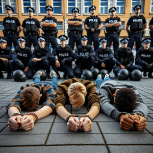 three white male teens handcuffed, laying face down on the groun...
