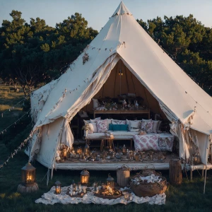 girls' birthday glamping party with a large bell tent embellished with beach-themed decor and celebratory birthday trimmings. Set up the tent in a picturesque farm location, including a snug outdoor lounge space and an inviting fire pit for warmth and ambiance.