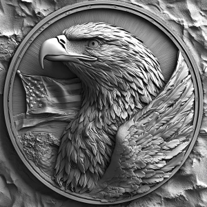 a grayscale bas relief of a mighty eagle facing forward towards...