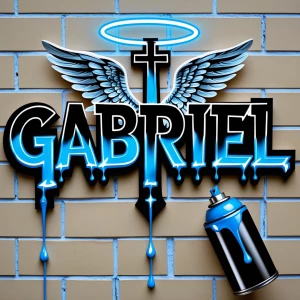 neon urban graffiti rock letters metallic blue and black of name " GABRIEL" with crosses glowing. the name "GABRIEL" also has angel wings & a Silver halo hovering it. in the bottom right corner a can of spray paint dripping with metallic blue liquid. background is vanilla center block wall.