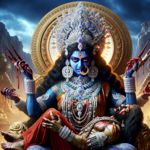 portrait of extremly angry looking goddess kali, blue skinned, s...