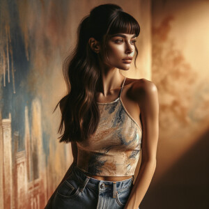 Sexy, Asian teen girl wearing skin tight jeans and a halter top long hair and bangs paint marks on her clothing, graffiti background heroic pose side view