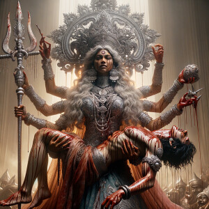 photography of angry looking, gorgeous goddess durga cosplayer carrying a weak mahishasur in her two arms and stabbing him with her amazingly designed trident. She is wearing a huge silver crown, pink saree, abundant silver jewelry, covered in blood. The scene is set in ancient India. The image is 8K resolution, cinematic, ultra detailed face and epic.