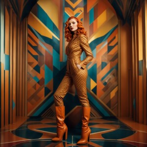 Photorealistic. Light ginger haired woman in long portrait. Tall...