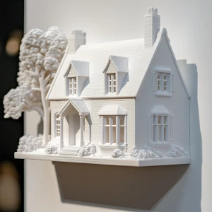 3D printed scale model of a house being displayed as art on a wall