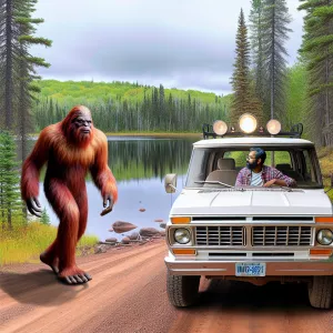 A humanoid Sasquatch, covered in reddish-brown fur, strides away...
