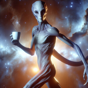 An otherworldly, slender humanoid figure striking a dynamic pose...