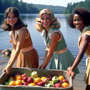 Generate a still from a campy 1972 B-movie. In the scene, three...