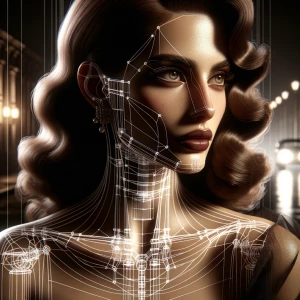 A hyper-realistic portrait of a mysterious femme fatale in class...
