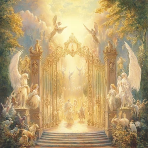 Create a tranquil heavenly scene depicting ethereal angels and d...